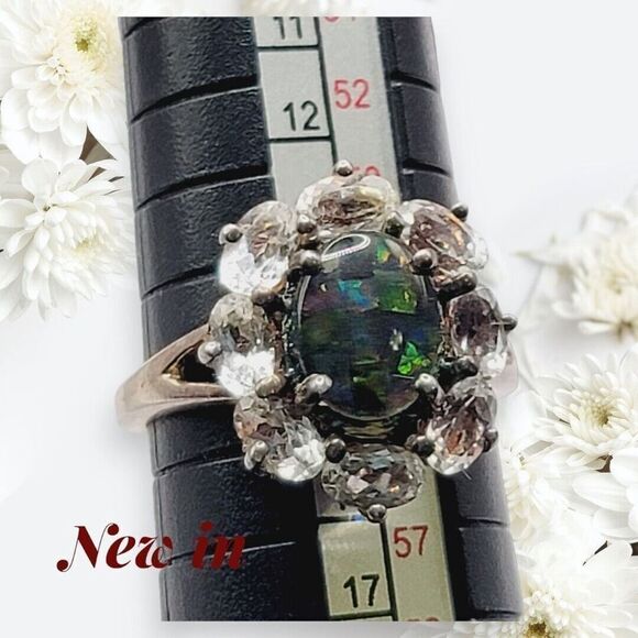 NWOT Sterling Silver Black Fire Opal Ring With Cluster Topaz Jewelry Gift - Picture 10 of 14